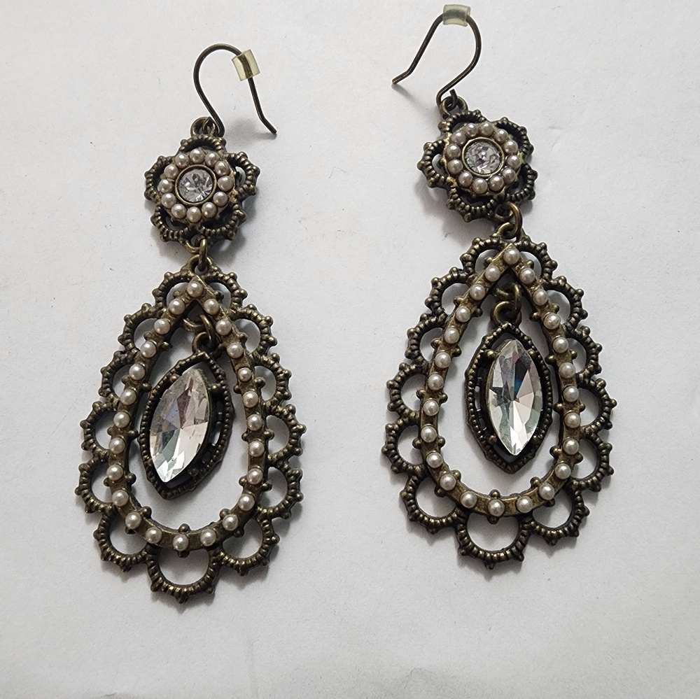 Chloe And Isabel Faux Pearl and Rhinestone Brass Earrings